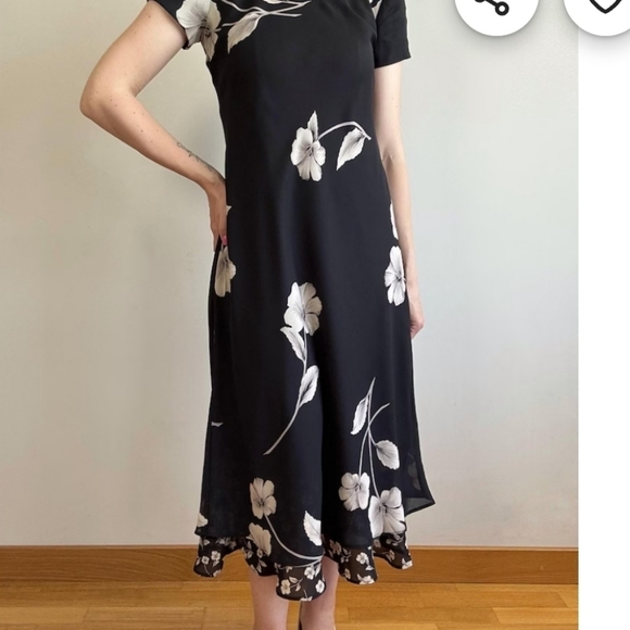 JESSICA Howard Elegant Black CREAM Floral Dress Spring TIERED HEM Long PULL OVER - Picture 8 of 10